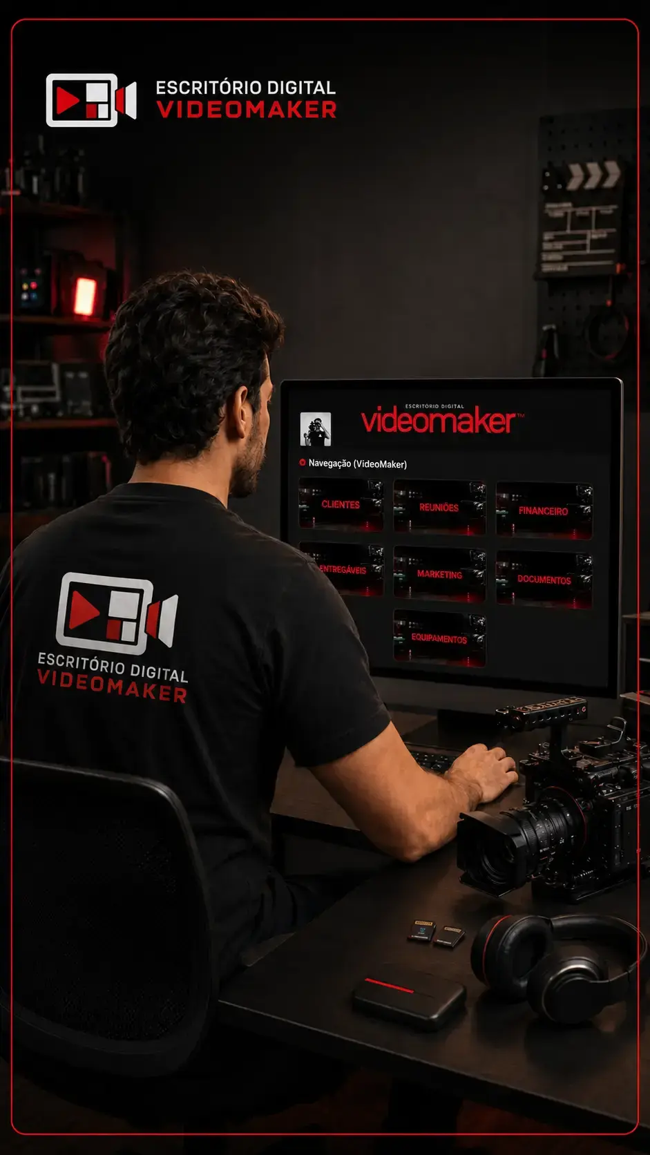 Videomaker usando o Escritório Digital em seu estúdio
